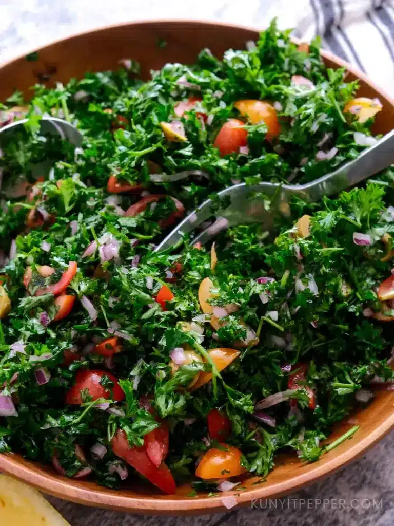 Mediterranean Parsley Salad in a wooden bowl