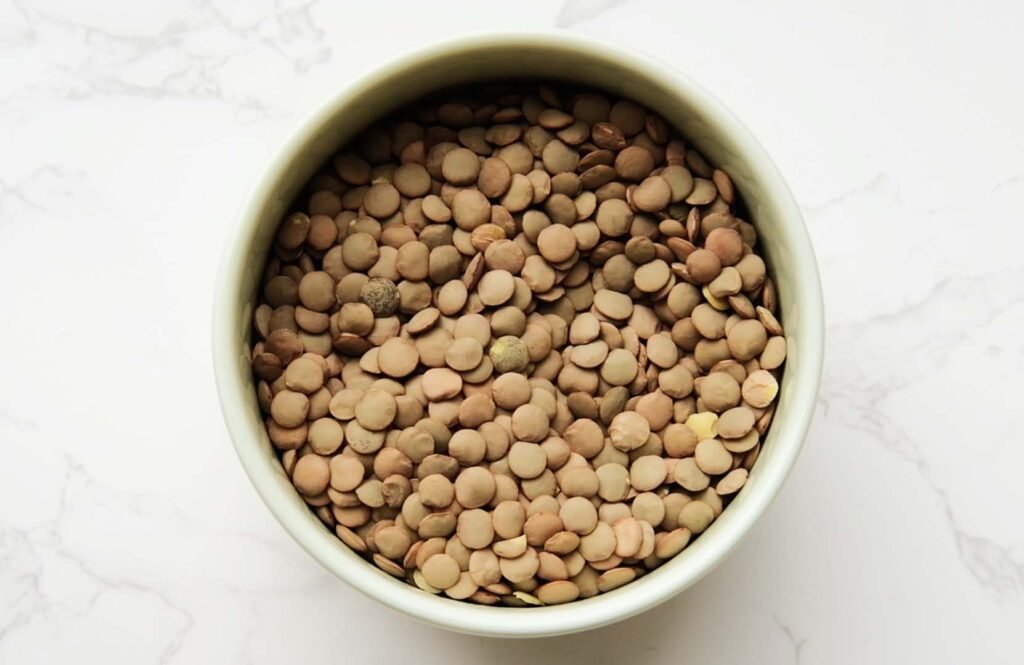 Dried brown lentils in a bowl