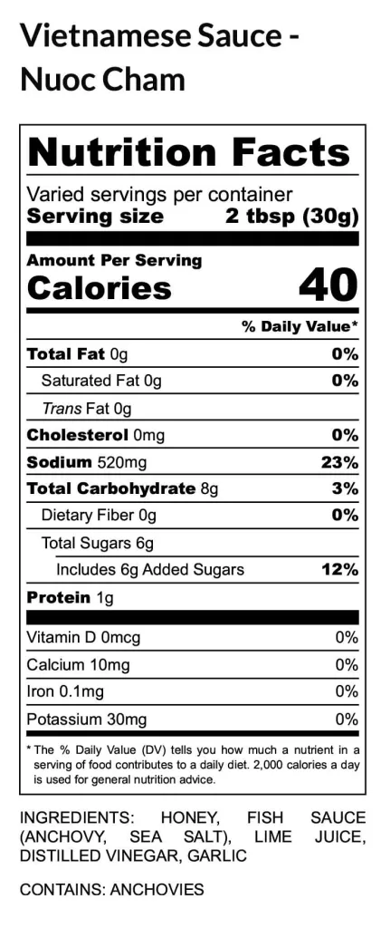 Nuoc Cham (Vietnamese Dipping Sauce) Nutrition Fact Label