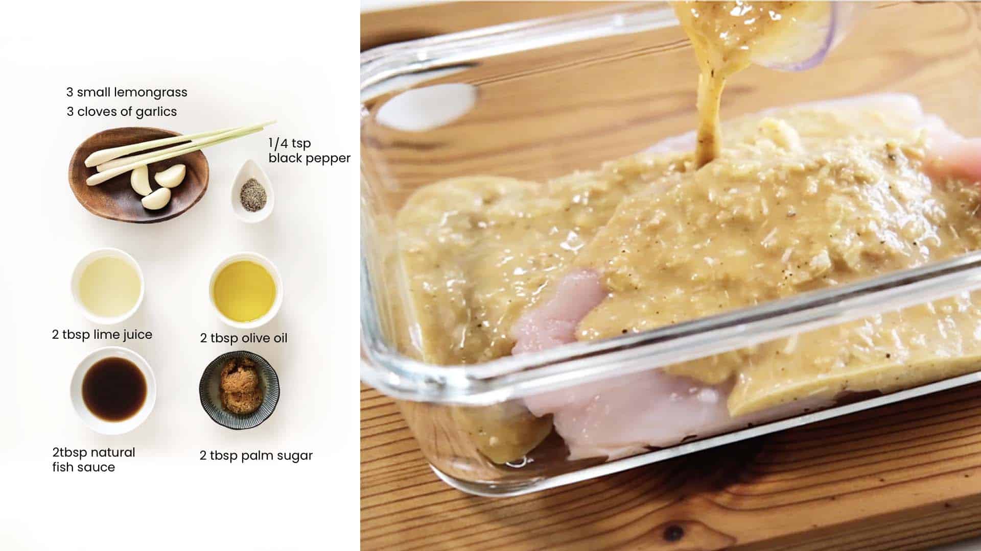 Pouring lemongrass chicken marinade onto raw chicken. Next to the ingredients to make lemongrass chicken marination.