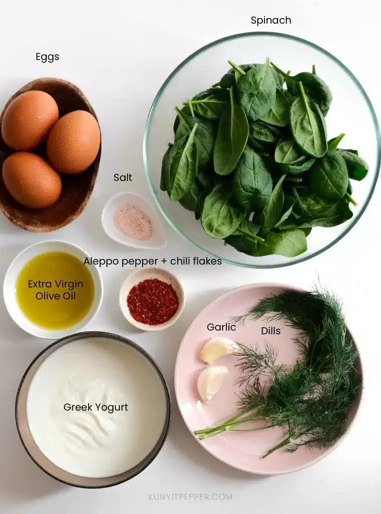 Ingredients to make Turkish poached eggs with spinach