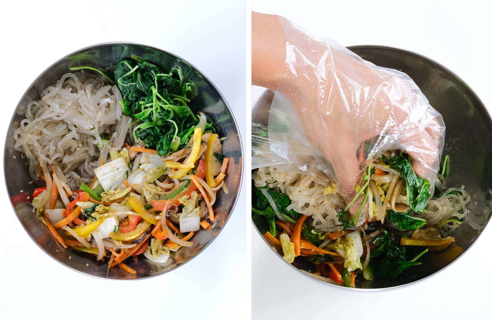 Mixing the noodles with vegetables