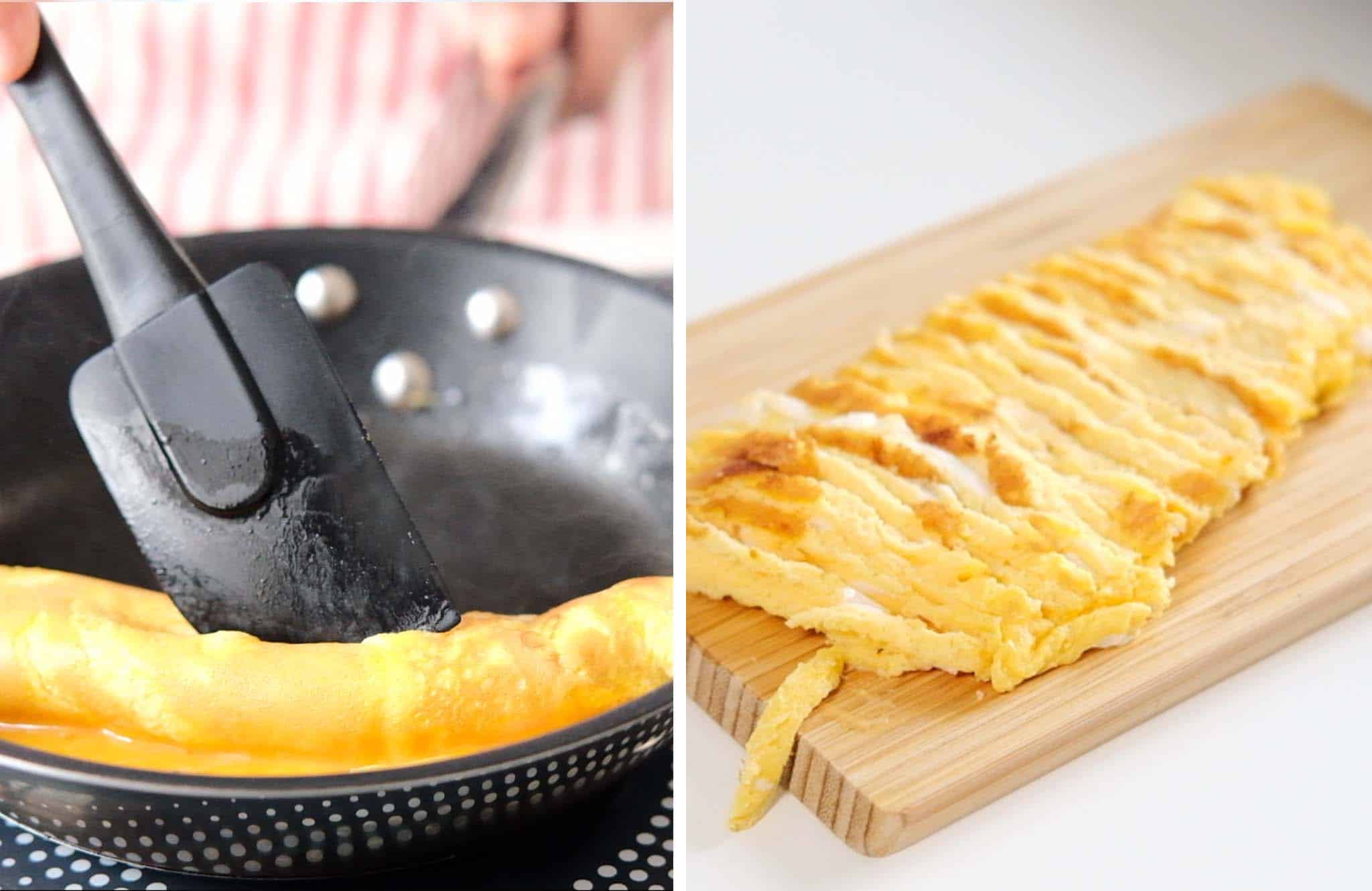 Roll the eggs and slice them thin