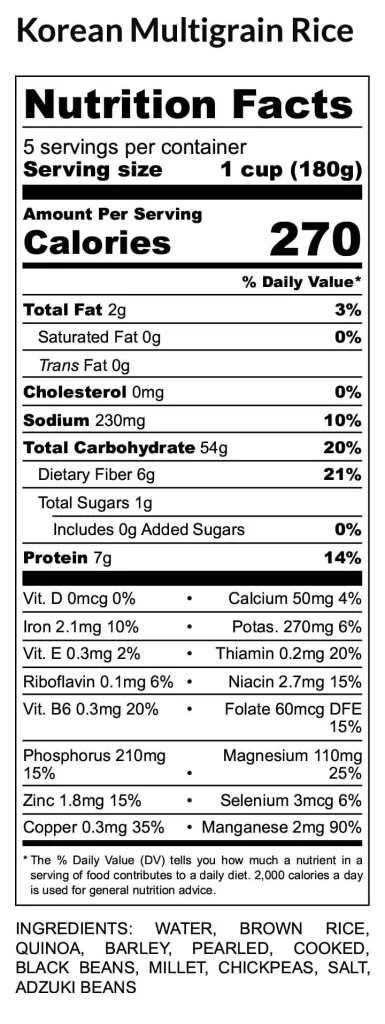 Korean Multigrain Rice Nutrition Fact Label 