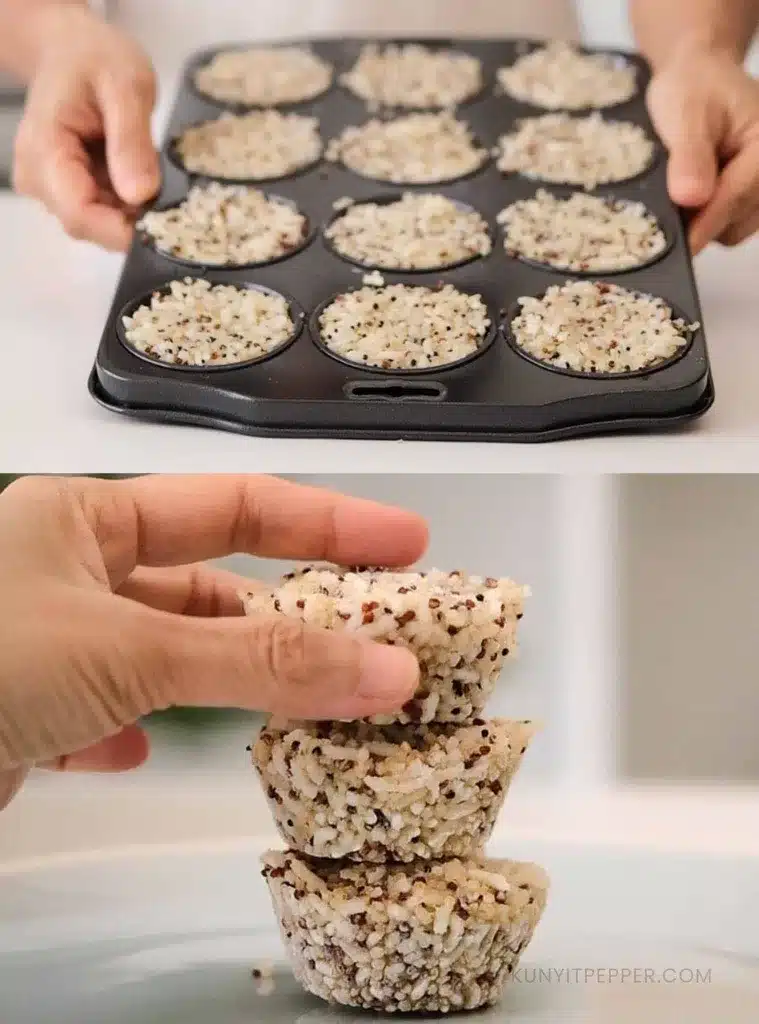 Quinoa brown rice in a muffin pan and a stacking of cup shape frozen quinoa