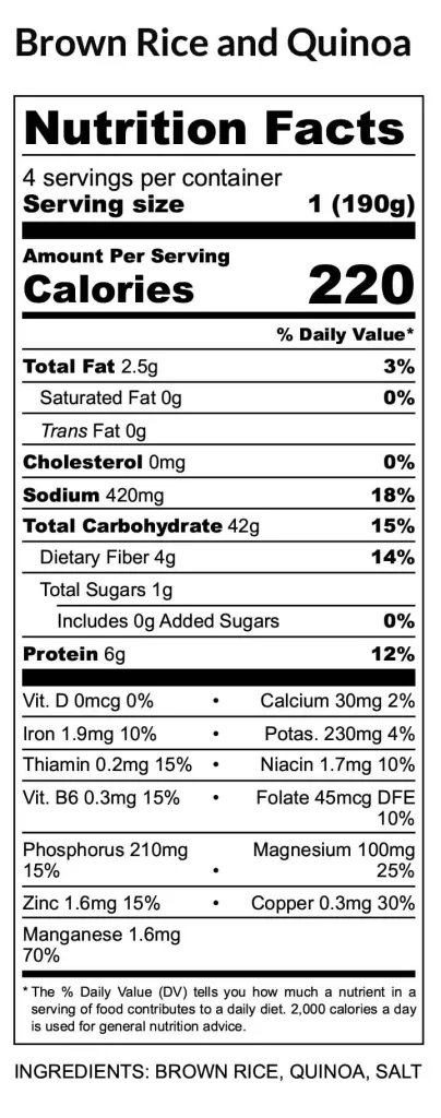 Nutrition Fact Label of Brown rice and Quinoa