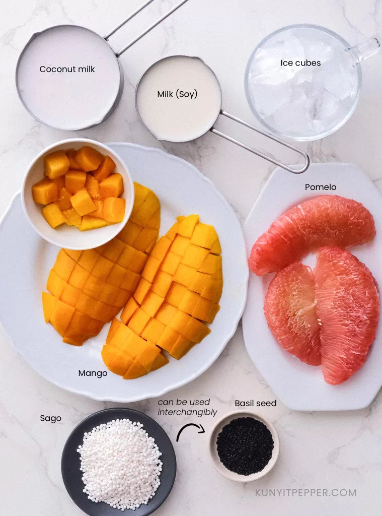Ingredients to make mango pomelo sago with basil seeds