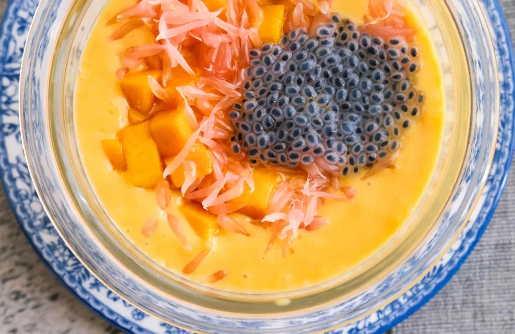 Mango pomelo Sago topped with basil seeds