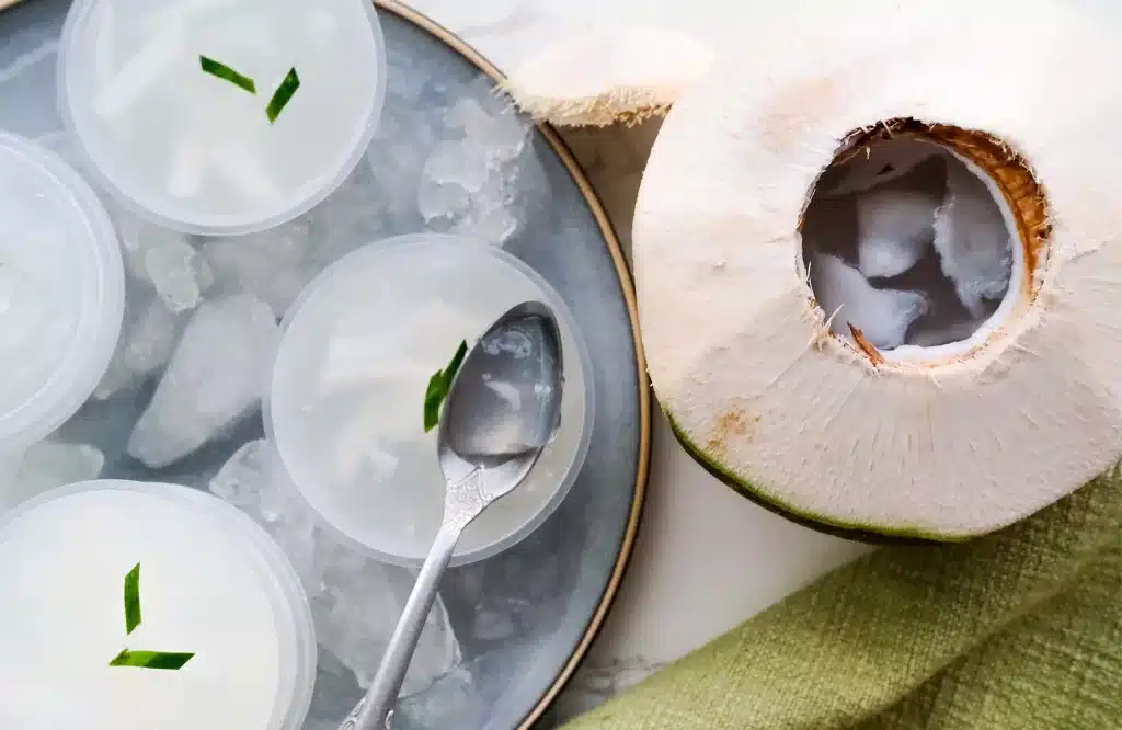 Top view of Coconut Jelly in a Coconut Shell and Small Containers, with crushed ice around it