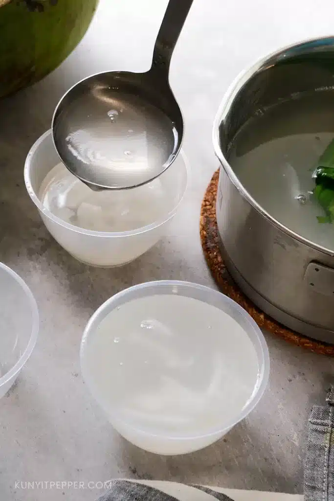 Pouring coconut water agar-agar into small container