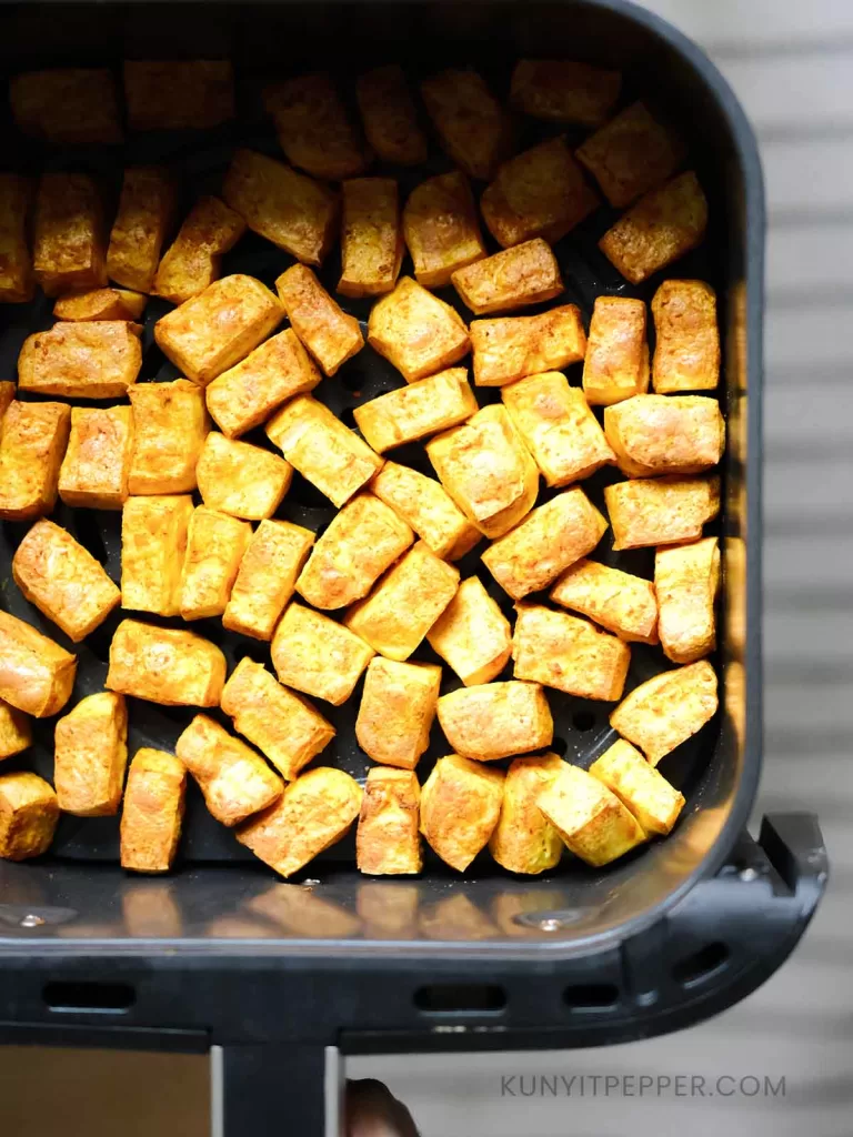 Airfried tofu in air fryer basket