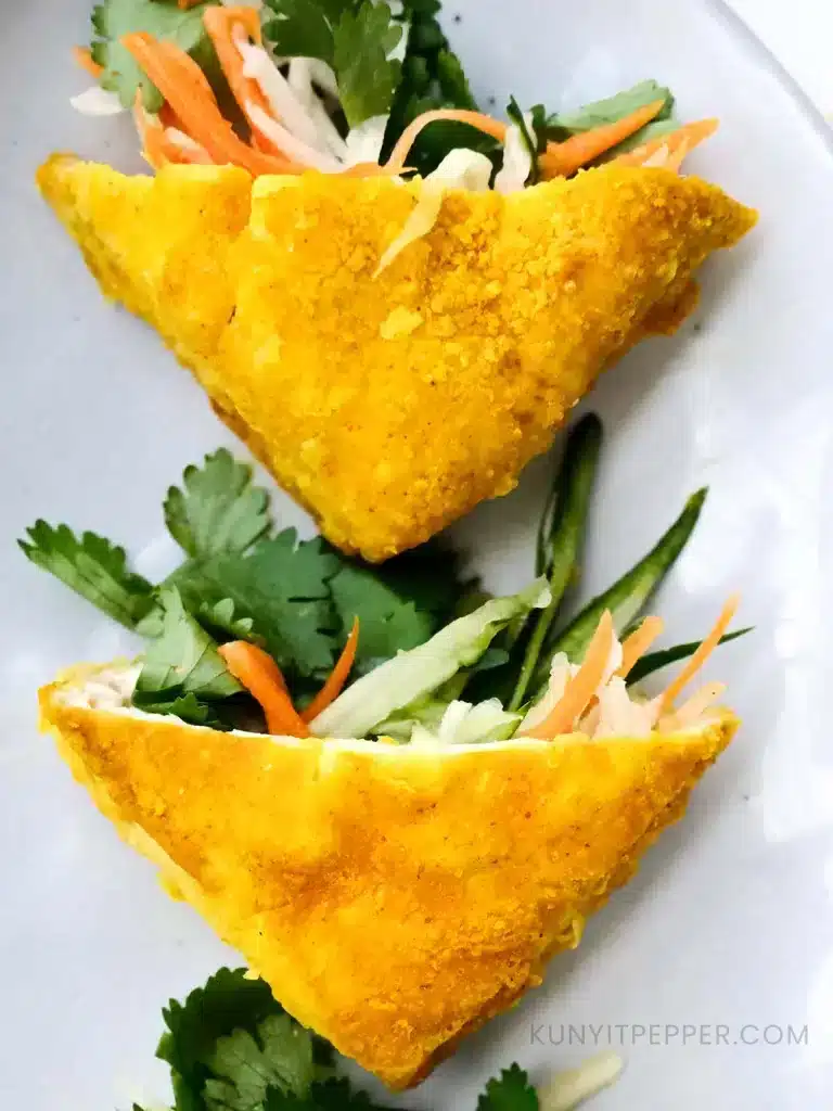 Top view of Asian stuffed tofu with vegetables