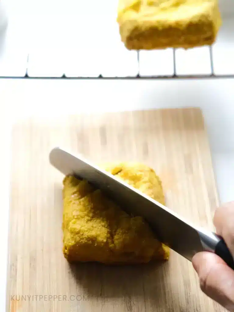 Cutting Air Fried Tofu Diagonally
