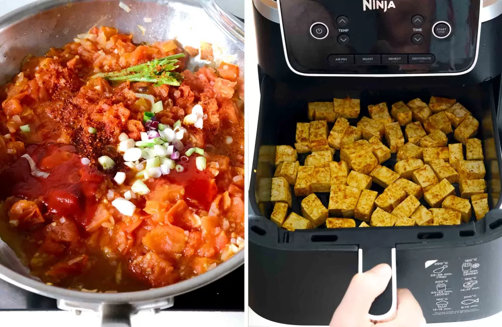 Mixing all the tomato sauce ingredients to the pan, then cook tofu in airfryer