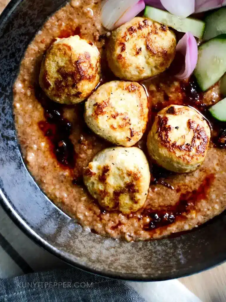 Satay Lemongrass Chicken Meatballs on Peanut Sauce and Cucumber