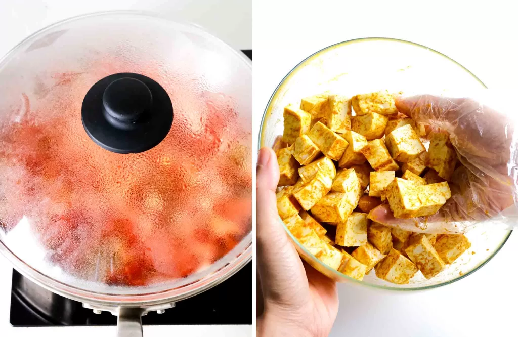 Simmer the tomato with the lid on and mixing tofu cubes with seasonings