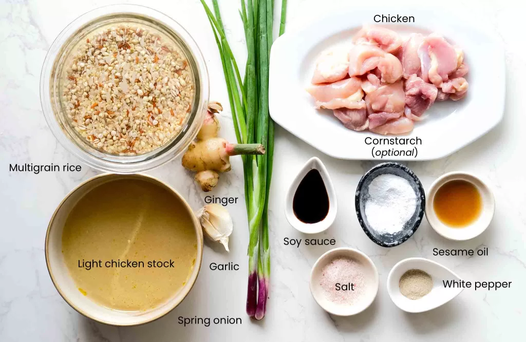 Ingredients to make multigrain ginger chicken congee - Top view