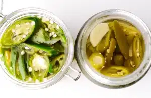 Top view of 2 Asian Pickled Green Chilli, before and after pickling